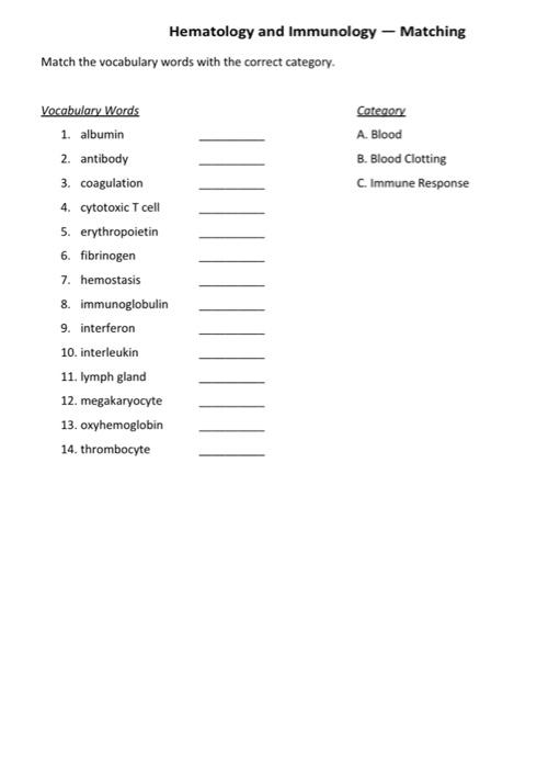 Hematology and Immunology - Matching Match the vocabulary words with the correct category. Category A. Blood B. Blood Clottin