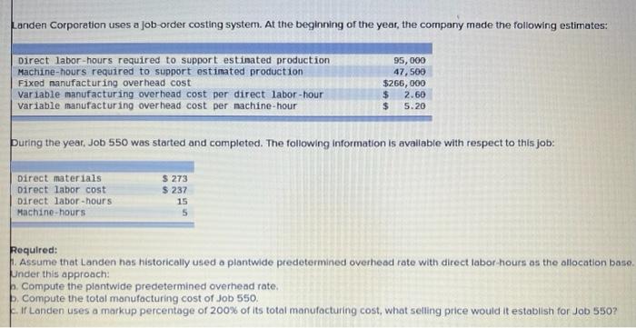 Solved Landen Corporation uses a job-order costing system. | Chegg.com