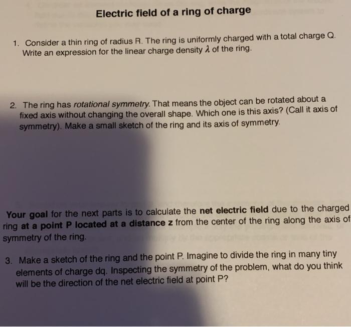 Solved Electric field of a ring of charge 1. Consider a thin | Chegg.com