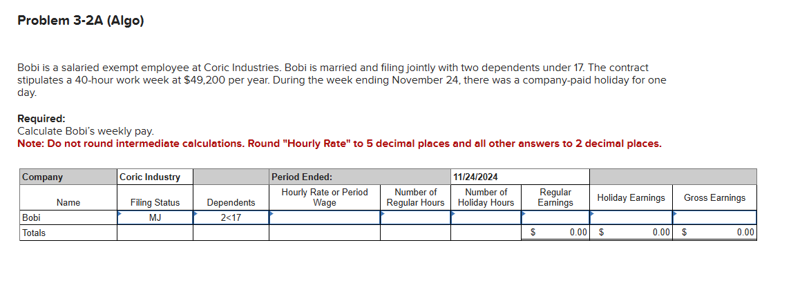 Solved Problem 3-2A (Algo)Bobi is a salaried exempt employee | Chegg.com