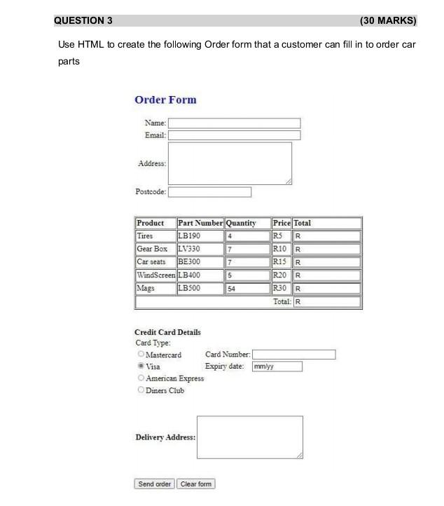 Solved Use HTML to create the following Order form that a | Chegg.com