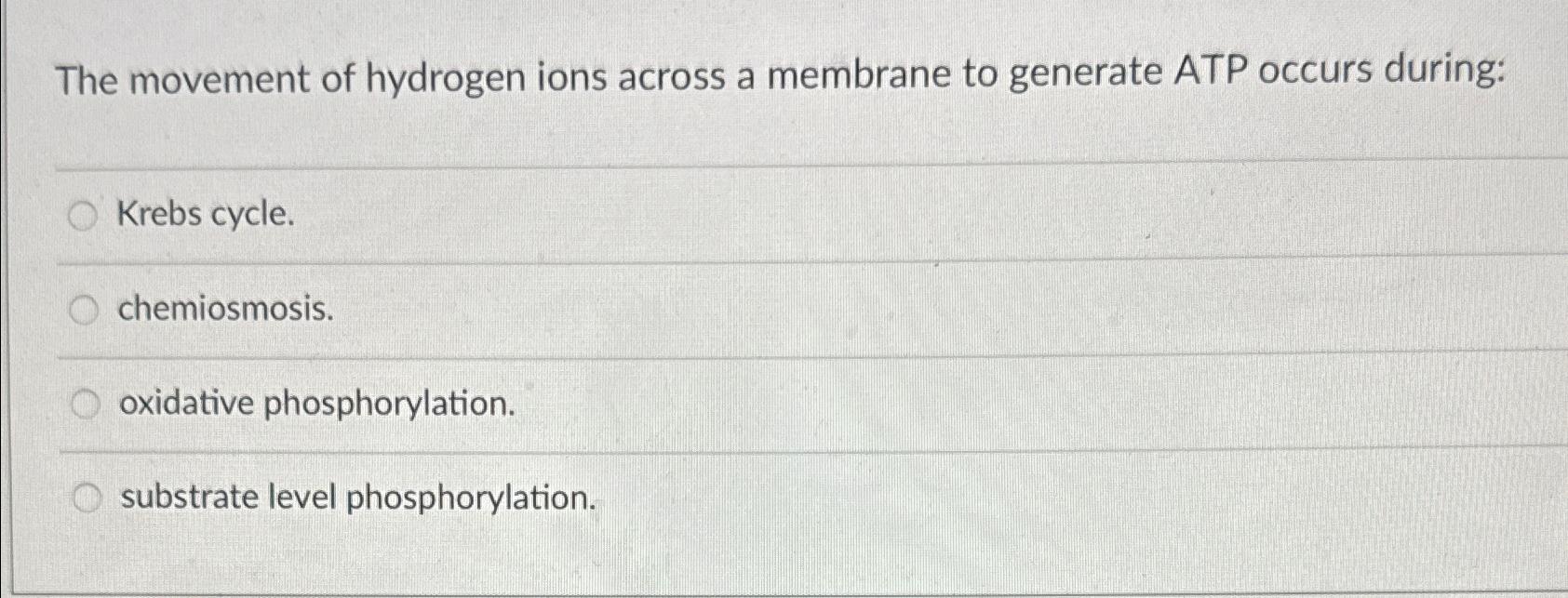 Solved The movement of hydrogen ions across a membrane to | Chegg.com