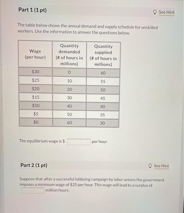 Solved Part 1 (1 pt) See Hint The table below shows the | Chegg.com