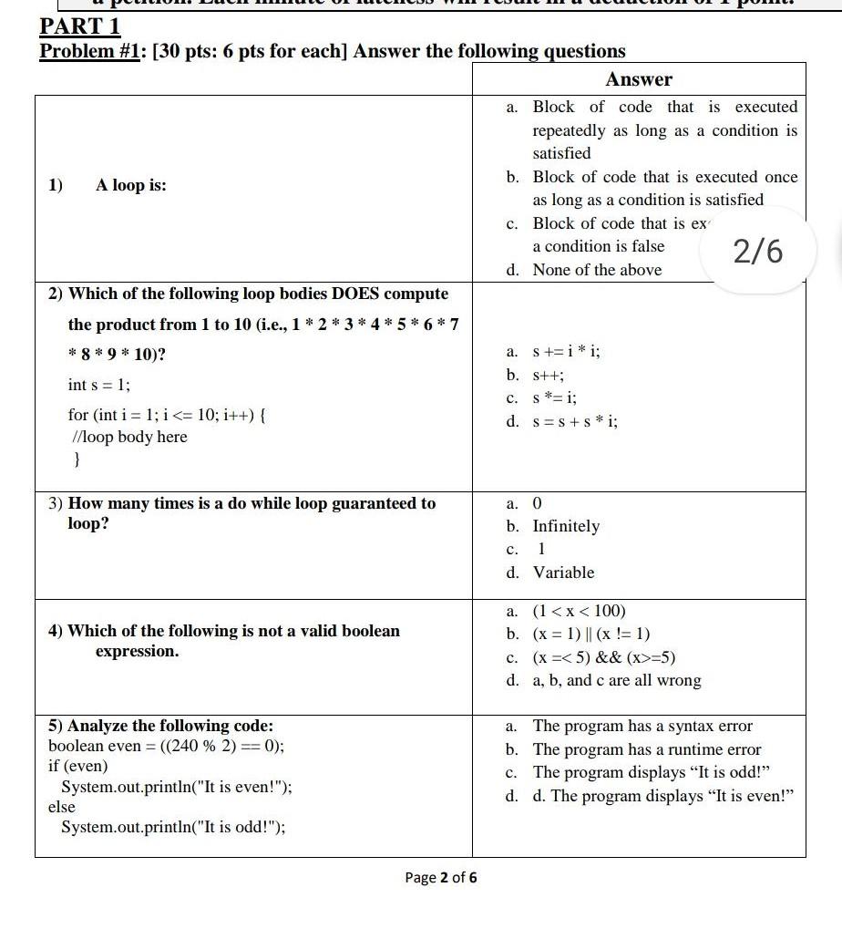 Solved PART 1 Problem #1: [30 Pts: 6 Pts For Each] Answer | Chegg.com