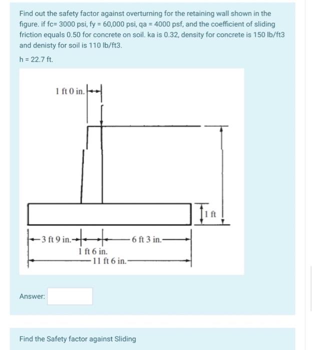 Solved Find out the safety factor against overturning for
