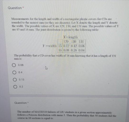Solved Question Measurements for the length and with of a | Chegg.com