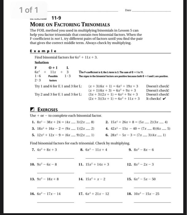 Solved RELALU 1 of 1 Date 11-9 MORE ON FACTORING TRINOMIALS | Chegg.com