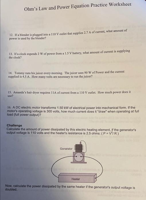 Solved Ohm's Law and Power Equation Practice Worksheet Name | Chegg.com