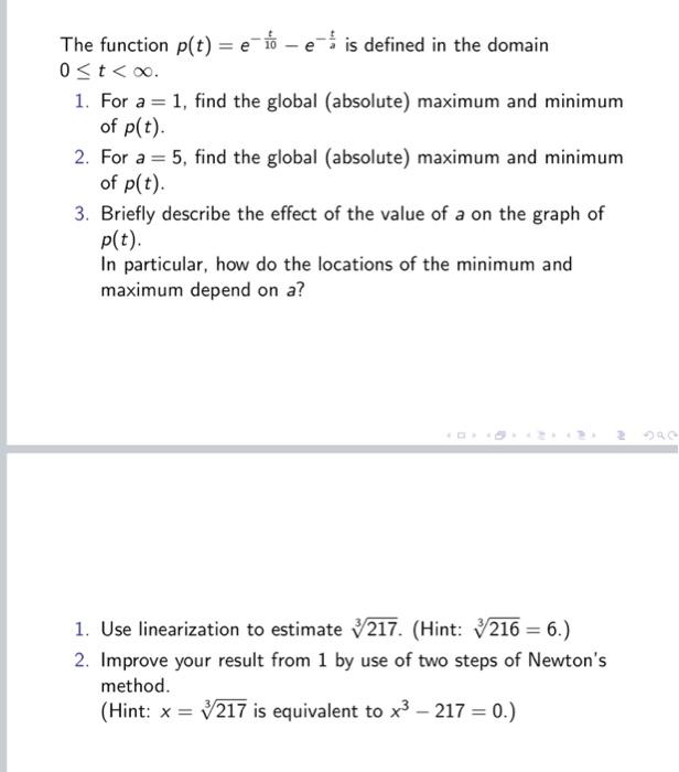 Solved = e a The function p(t) = e to-es is defined in the | Chegg.com