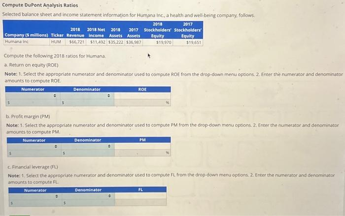 Solved Compute DuPont Analysis Ratios Selected Balance Sheet | Chegg.com