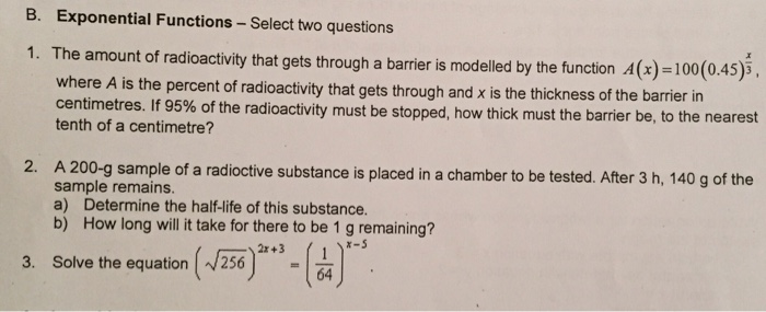 Solved B. Exponential Functions - Select Two Questions 1. | Chegg.com