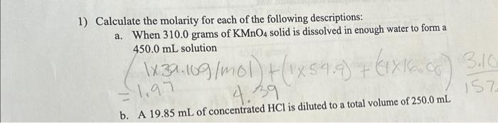 Solved Calculate the molarity when 19.85 mL of concentrated | Chegg.com