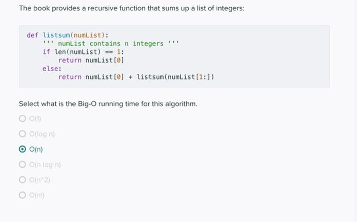 Solved The book provides a recursive function that sums up a | Chegg.com