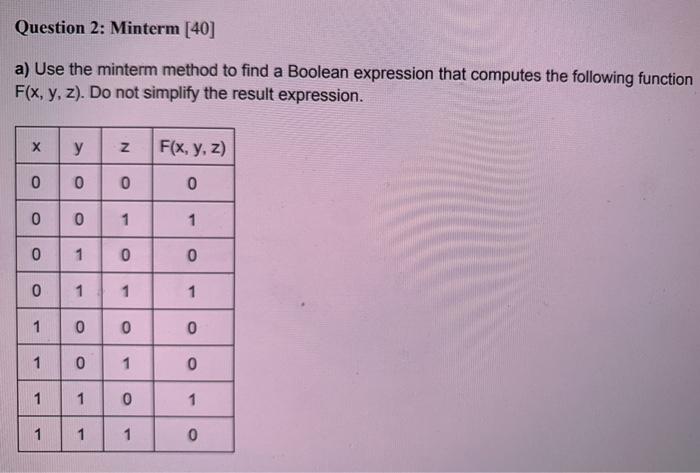 Solved Question 2: Minterm [40] a) Use the minterm method to | Chegg.com