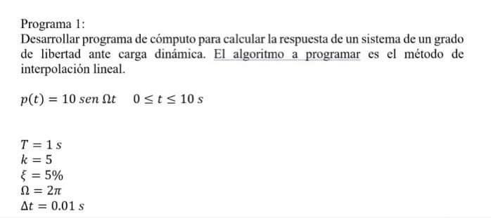 Programa 1: Desarrollar programa de cómputo para calcular la respuesta de un sistema de un grado de libertad ante carga dinám