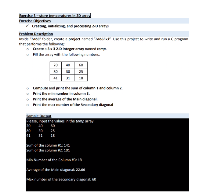 Solved Exercise 3 - store temperatures in 2D array Exercise | Chegg.com