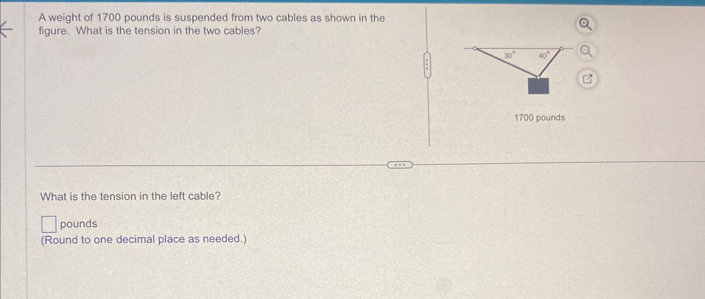 Solved A weight of 1700 ﻿pounds is suspended from two cables