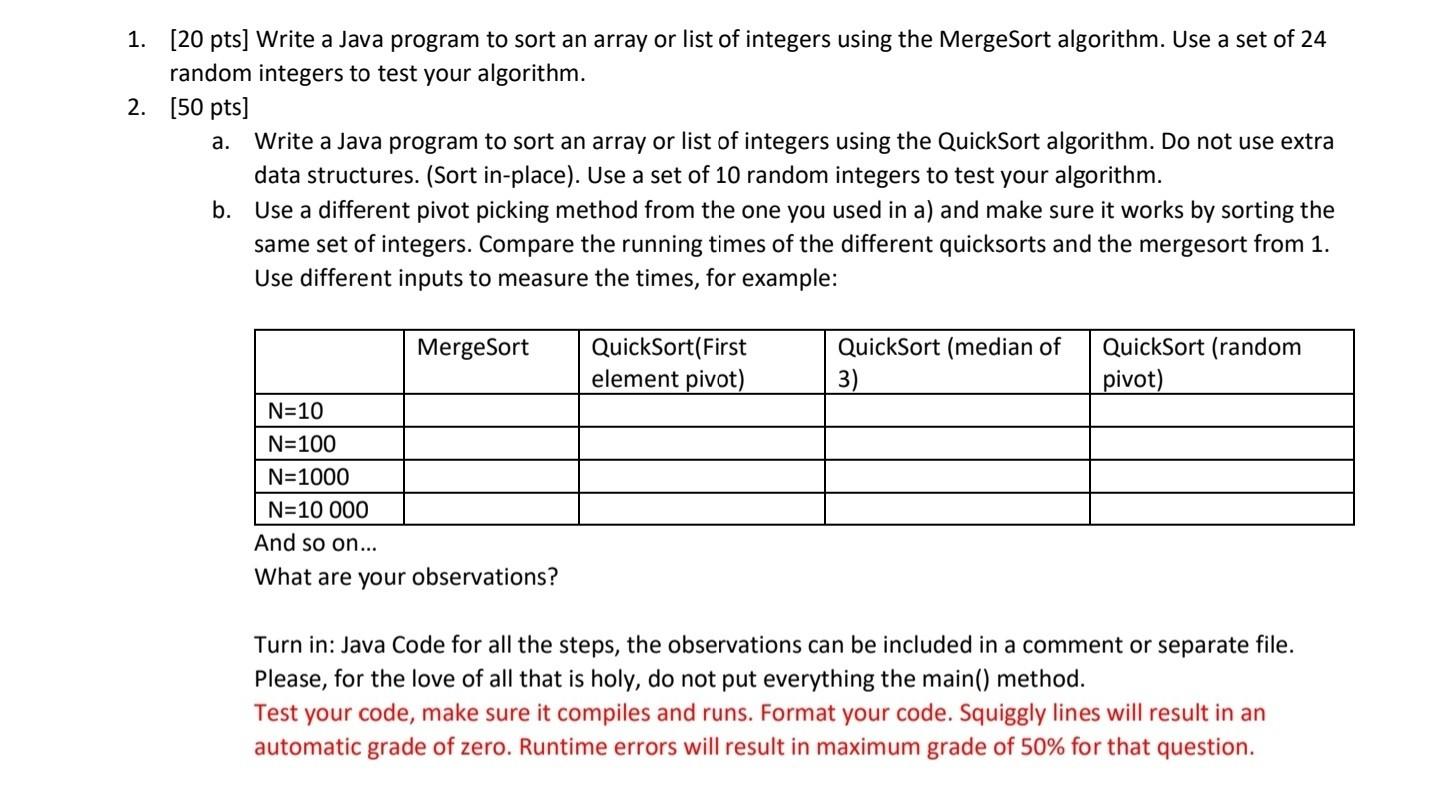 Solved 1. (20 Pts) Write A Java Program To Sort An Array Or | Chegg.Com