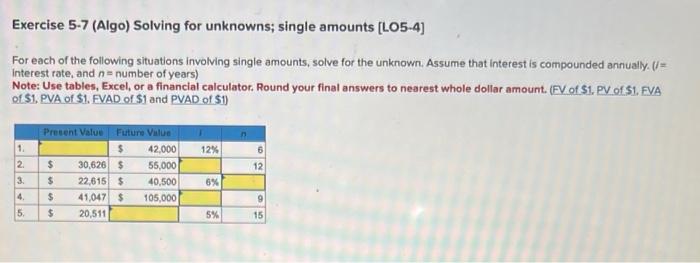 Solved Exercise 5-7 (Algo) Solving For Unknowns; Single | Chegg.com