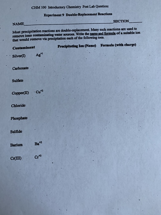 Solved CHM 100 Introductory Chemistry Post Lab Questione