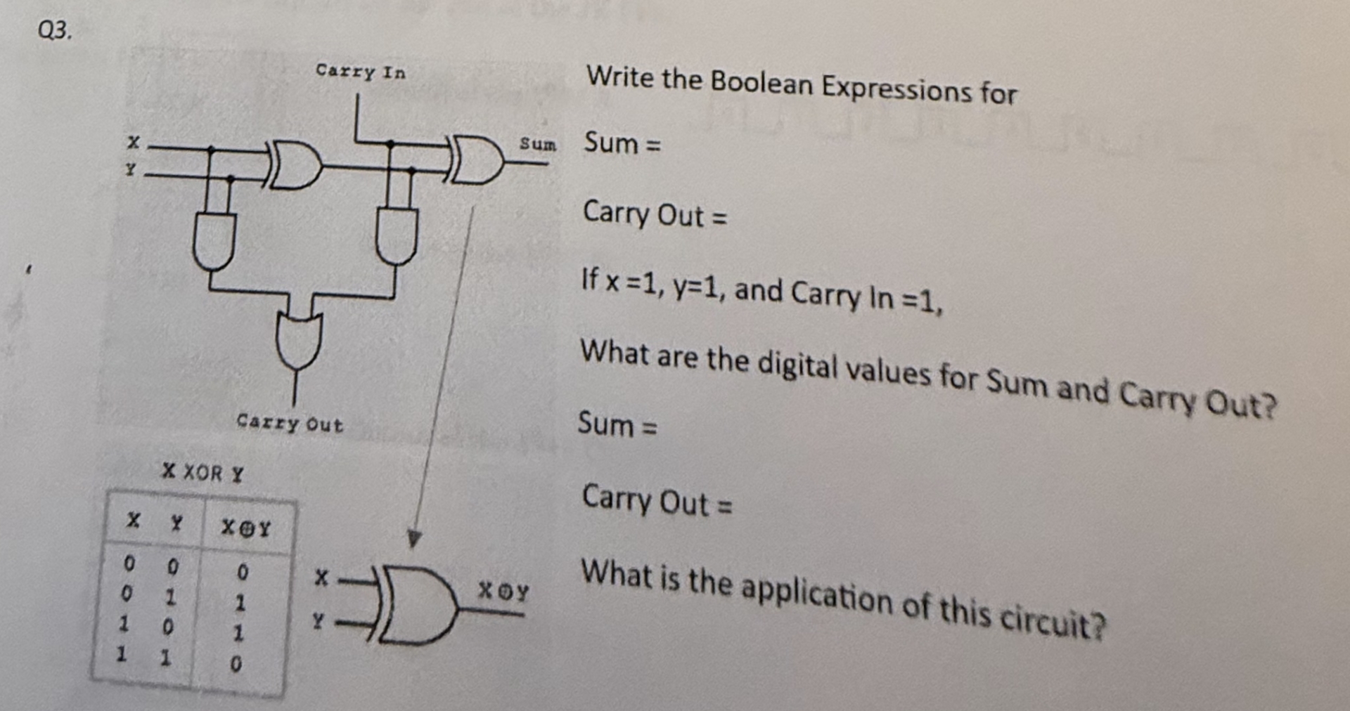 Solved by an EXPERT Q3.Write the Boolean Expressions forSum =Carry Out ...