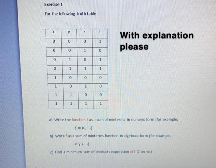 Solved Exercise 1 For the following truth table х Y Z f 0 0 | Chegg.com