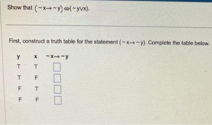 Show that \( (\sim \mathrm{x} \rightarrow \sim \mathrm{y}) \Leftrightarrow(\sim \mathrm{y} v \mathrm{x}) \).
First, construct