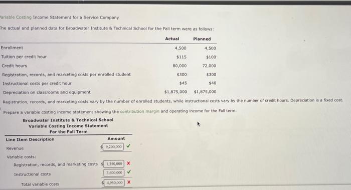 Solved roriable Costing Income Statement for a Service | Chegg.com