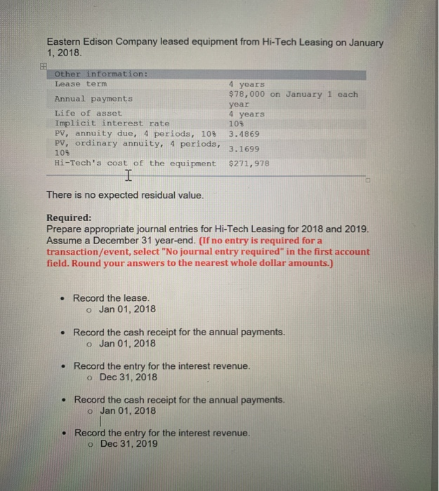 Solved Eastern Edison Company leased equipment from HiTech