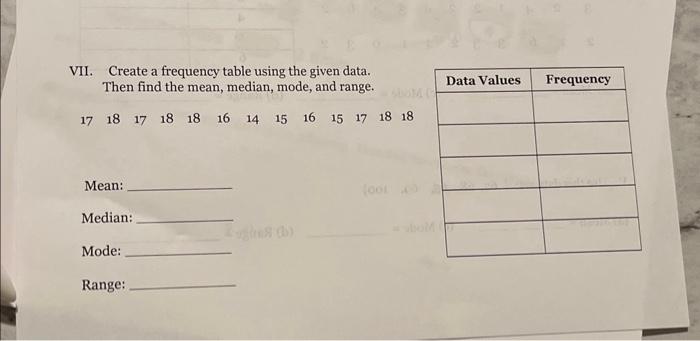 Solved VII. Create a frequency table using the given data. | Chegg.com