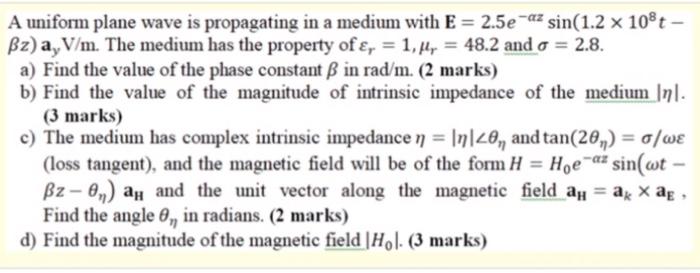 Solved A uniform plane wave is propagating in a medium with | Chegg.com