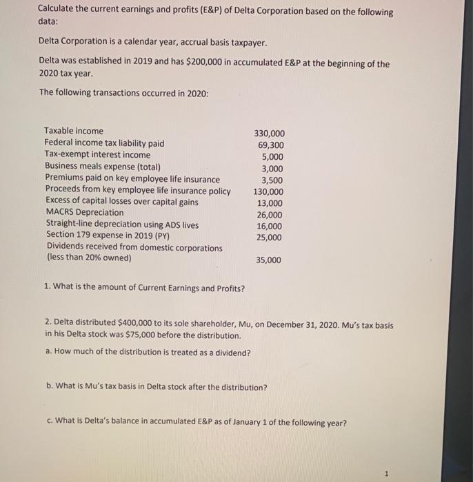 Solved Calculate the current earnings and profits (E&P) of | Chegg.com