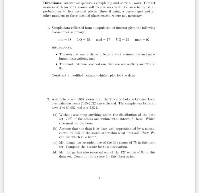 Solved Directions: Answer all questions completely and show | Chegg.com