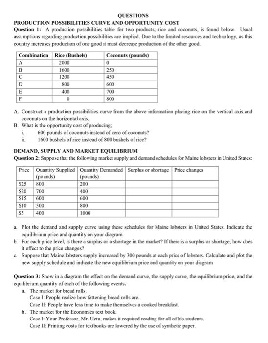 Solved QUESTIONS PRODUCTION POSSIBILITIES CURVE AND | Chegg.com