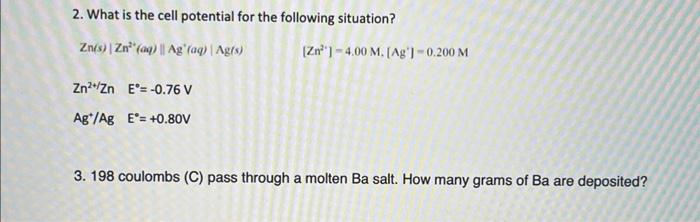Solved 2. What is the cell potential for the following | Chegg.com