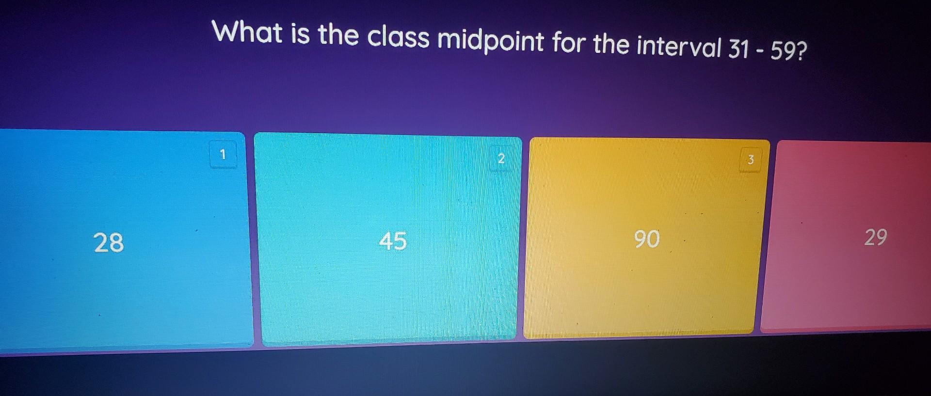 Solved What is the class midpoint for the interval 31−59 ? | Chegg.com