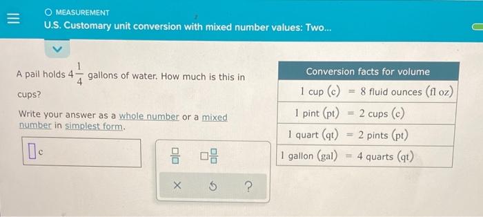 The conversions between gallons, quarts, pints, and cups in the US  customary system. 