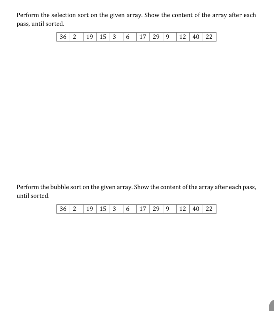 Solved perform the selection sort on the given array show chegg
