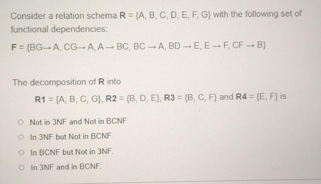 Solved Consider A Relation Schema R {a B C D E F G}