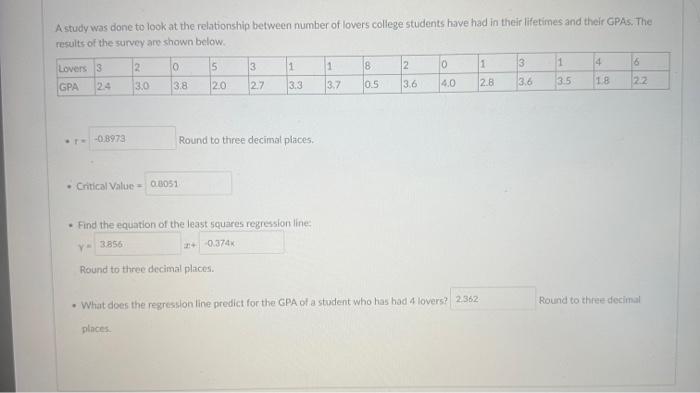 A study was done to look at the relationstip between number of lovers college students have had in their lifetimes and their