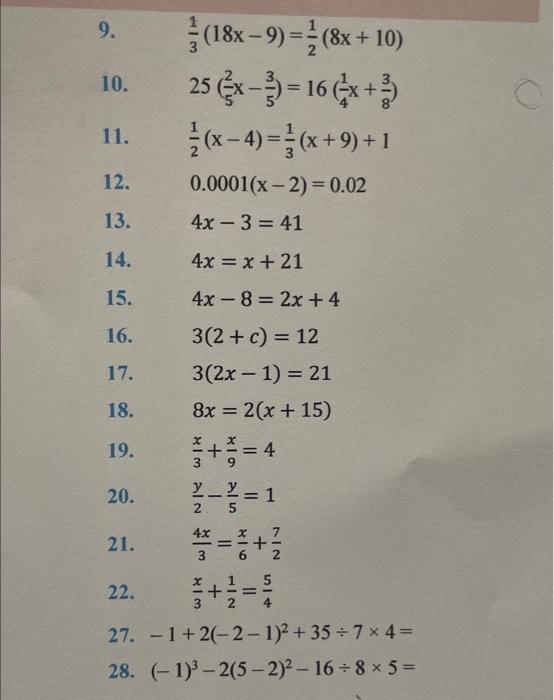 Solved 9. 31(18x−9)=21(8x+10) 10. 25(52x−53)=16(41x+83) 11. | Chegg.com