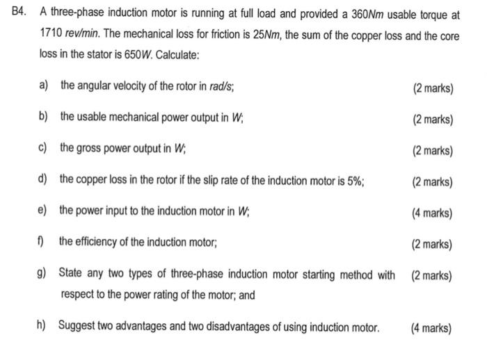 Solved B4. A three-phase induction motor is running at full | Chegg.com
