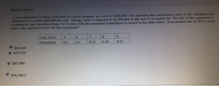 Solved QUESTION 27 A new equipment is being considered at a | Chegg.com