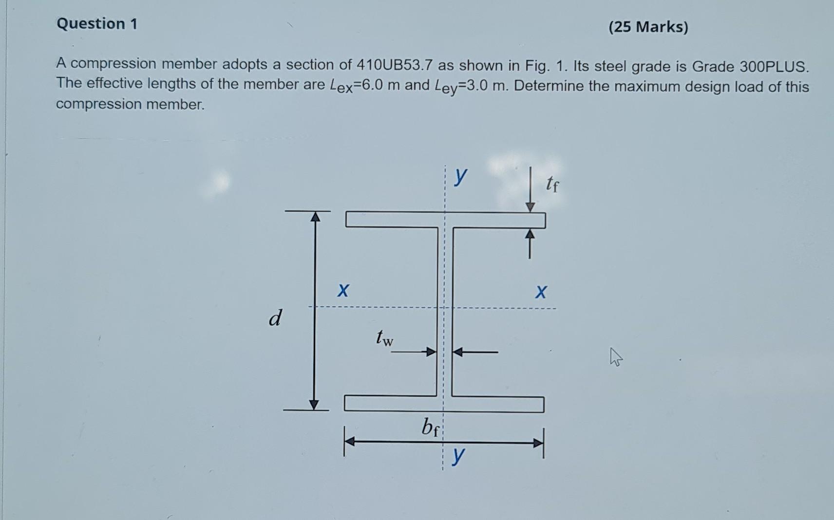 A compression member adopts a section of 410 UB53.7 as shown in Fig. 1. Its steel grade is Grade \( 300 \mathrm{PLUS} \). The