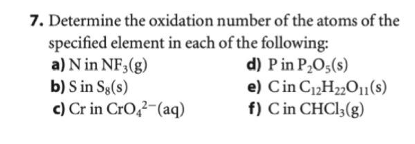 Solved 7. Determine the oxidation number of the atoms of the | Chegg.com