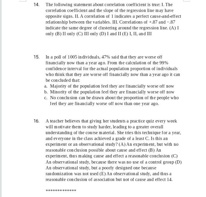 Solved 14. The Following Statement About Correlation | Chegg.com