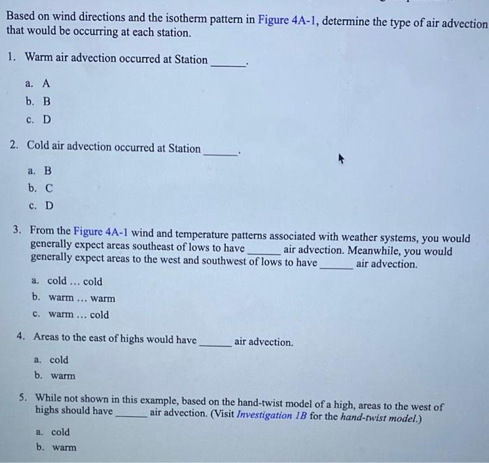 Based on wind directions and the isotherm pattern in Figure \( 4 \mathrm{~A}-1 \), determine the type of air advection that w