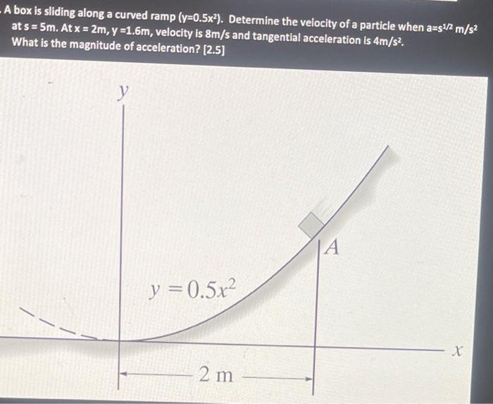 A box is sliding along a curved ramp \( \left(y=0.5 x^{2}\right) \). Determine the velocity of a particle when \( a=s^{1 / 2}