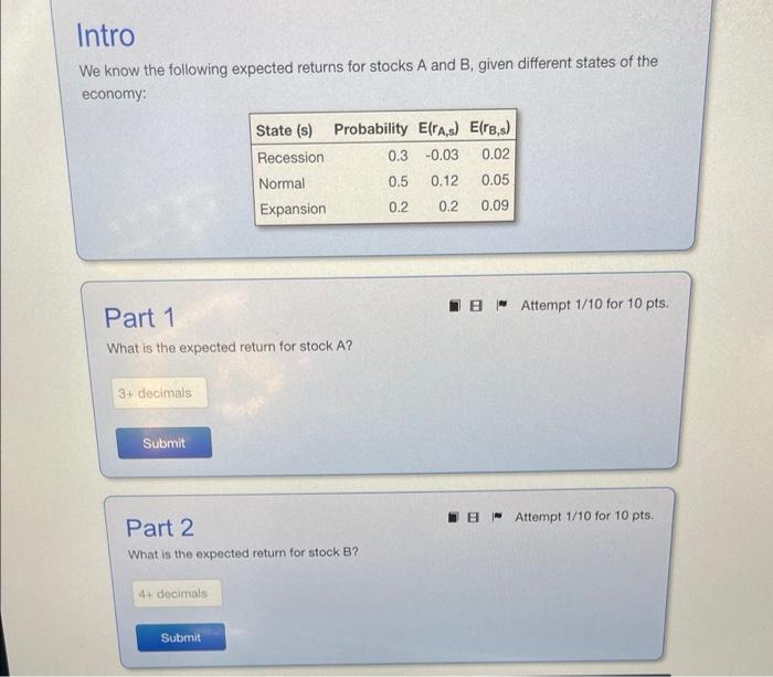Solved Intro We know the following expected returns for | Chegg.com