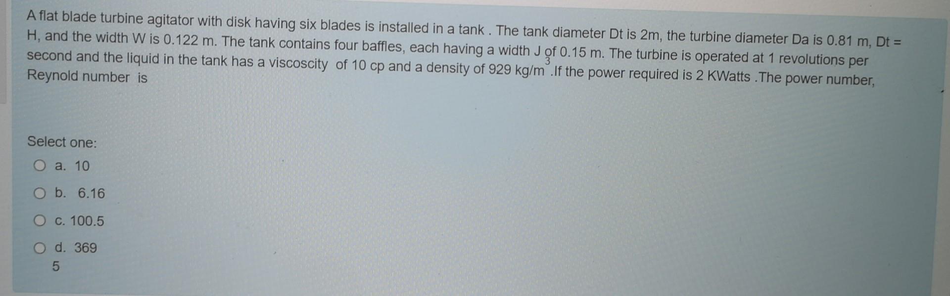 Solved A flat blade turbine agitator with disk having six